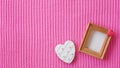 Wedding Photography. Classic Valentine Card Template. Wooden Frame. Space for text. Heart Shape Cookie. Pink knitted