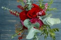 Red Bouquet with Garden Roses, Eucalyptus and Dahlias