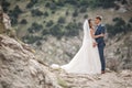 Wedding photography of a young couple, the bride and groom in a mountainous area in summer Royalty Free Stock Photo
