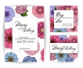 Wedding pink and blue Invitation, sketch gerbera, hydrangea invite card Design: Hand drawn colorful marker illustration. Doodle Royalty Free Stock Photo