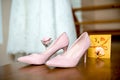 Wedding pink bridesmaid shoes. Wedding accessories. Wedding details Royalty Free Stock Photo