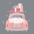 Wedding pink retro car with flowers and gifts. Vector illustration. Royalty Free Stock Photo