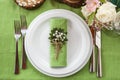 Wedding place setting in beautiful rustic style. Royalty Free Stock Photo