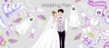 Wedding plan agency with bride and bridegroom, accessories vector cartoon illustration banner. Beautiful bride and