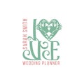 Wedding planner Premade Logo. Black and white colors. Isolated background. Hand-drawn Stamp silhouette. Lovely birds