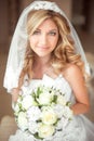 Wedding portrait Beautiful bride girl with long wavy hair and ma Royalty Free Stock Photo
