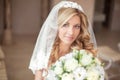 Wedding portrait Beautiful bride girl with long wavy hair and ma Royalty Free Stock Photo