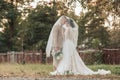 Wedding portrait of the bride and groom. Happy bride and groom gently hug each other under the veil, pose and kiss. Royalty Free Stock Photo