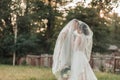 Wedding portrait of the bride and groom. Happy bride and groom gently hug each other under the veil, pose and kiss. Royalty Free Stock Photo