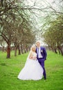 Wedding portrait of the bride and groom in the spring garden Royalty Free Stock Photo