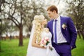 Wedding portrait of the bride and groom in the spring garden Royalty Free Stock Photo