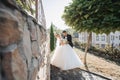 Wedding portrait. The groom in a black suit and the blonde bride in a white dress Royalty Free Stock Photo