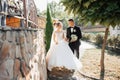 Wedding portrait. The groom in a black suit and the blonde bride in a white dress Royalty Free Stock Photo