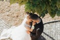 Wedding portrait. The groom in a black suit and the blonde bride in a white dress Royalty Free Stock Photo