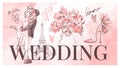 Wedding poster with a couple in a love kiss, a bride with a bouquet, accessories and decor with text. Modern sketchy