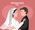 Wedding during quarantine. Groom and bride wearing protective face mask on wedding day. Flat vector illustration. Wedding Couple