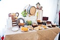 Wedding reception catering table with different snaks. Royalty Free Stock Photo