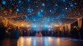 A wedding reception dance floor under a canopy of string lights and Royalty Free Stock Photo