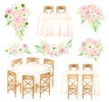 Wedding reception decor creator set. Watercolor flower bouquets, head table, banquet tables isolated on white background