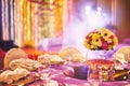 Colorful wedding reception dinner table decoration with flower bouquet Royalty Free Stock Photo