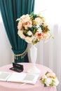 Wedding reception flower bouquet on the table Royalty Free Stock Photo