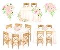 Wedding reception illustration set. Watercolor flower bouquets, head table, banquet tables isolated on white. Draped Royalty Free Stock Photo