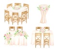 Wedding reception illustration set. Watercolor head table, round, rectangle wedding guest tables, cocktail table Royalty Free Stock Photo