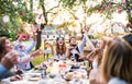 Bride and groom with guests at wedding reception outside in the backyard. Royalty Free Stock Photo