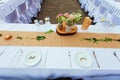 Wedding Reception Table Setting Aerial Top View Luxury, elegant wedding reception table arrangement. Table set for holiday, event,