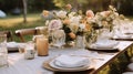 Wedding reception table setting with flower arrangements, Special event table set up, Fresh flower decoration Royalty Free Stock Photo