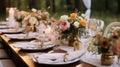 Wedding reception table setting with flower arrangements, Special event table set up, Fresh flower decoration Royalty Free Stock Photo