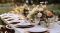 Wedding reception table setting with flower arrangements, Special event table set up, Fresh flower decoration Royalty Free Stock Photo