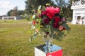 Wedding decor. Wedding registration outdoor. Luxury bouquets with red flowers