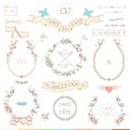 Wedding retro set. Hearts, birds and ribbons. Royalty Free Stock Photo