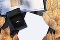 Wedding ring in black box on white blank paper with dry leafs decoration Royalty Free Stock Photo