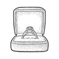 Wedding ring with diamond in a gift box. Vintage black vector engraving illustration Royalty Free Stock Photo