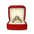 Wedding ring with diamond in a gift box. Vintage color vector engraving illustration Royalty Free Stock Photo