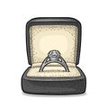 Wedding ring with diamond in a gift box. Vintage color vector engraving illustration Royalty Free Stock Photo