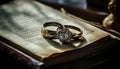 Wedding ring, gold jewelry, antique bible, symbol of love and religion generated by AI Royalty Free Stock Photo