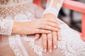Wedding ring on the hand of the bride, lying on a wedding dress Royalty Free Stock Photo