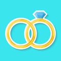 Wedding ring isolated on a blue background. Golden ring with shiny diamond. Realistic sticker. Simple cute design. Icon or logo. Royalty Free Stock Photo