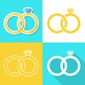 Wedding ring isolated on a blue background. Golden ring with shiny diamond. Realistic sticker. Simple cute design. Icon or logo.