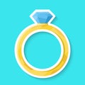 Wedding ring isolated on a blue background. Golden ring with shiny diamond. Realistic sticker. Simple cute design. Icon or logo. Royalty Free Stock Photo