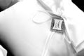 Wedding ring pillow with an a tag Royalty Free Stock Photo