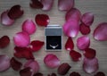 Wedding ring with pink and red rose petals on wooden surface Royalty Free Stock Photo