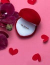 Wedding ring in a red box and red orchid on pink background. Valentine's Day. Royalty Free Stock Photo