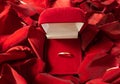 Wedding ring red box surrounded by rose petals. An offer of marriage Royalty Free Stock Photo