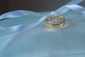 A Wedding Ring tied on a pillow. Royalty Free Stock Photo