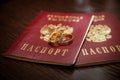 Wedding ring. Two gold vintage rings of the bride and groom and passports of the Russian Federation