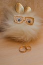 Wedding ring. Two gold vintage rings of the bride and groom and an unusual white toy with glasses